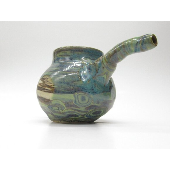 Handmade Ceramic Teapot Artisan Handle & Abstract Green Blue Swirl Glaze Signed - Picture 9 of 16